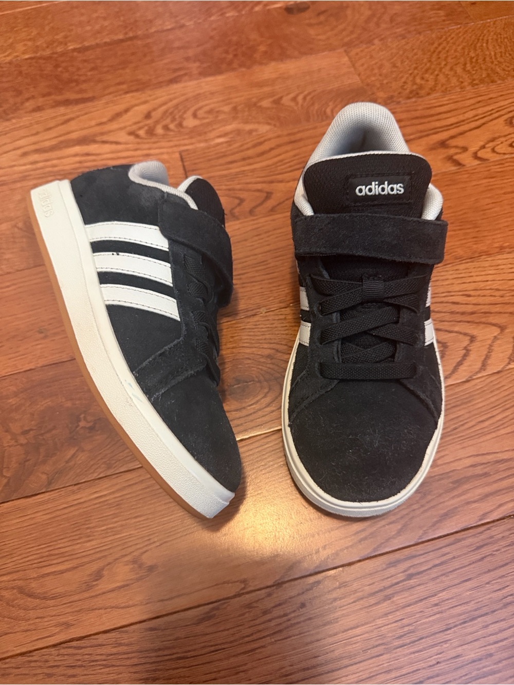 adidas Kids Black and White Suede Strap Sneakers